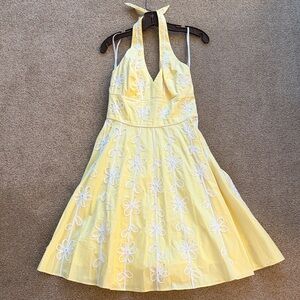 Lilly Pulitzer Yellow Halter Midi Dress with White Floral Embroidery 2